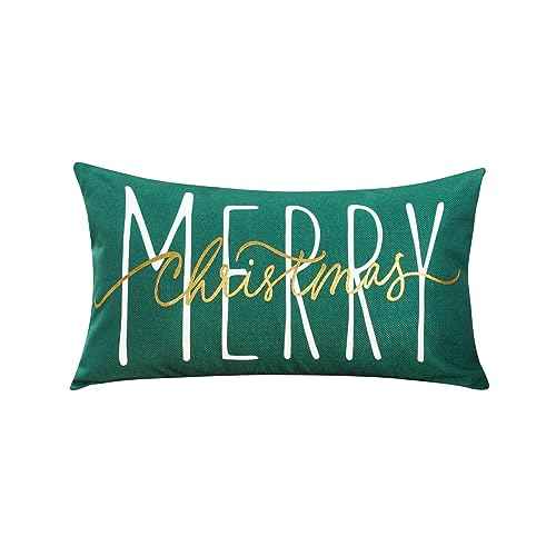 ONWAY Christmas Pillow Cover 12x20 Inch Merry Christmas Gold Green Decorative Throw Pillows Farmhouse Winter Holiday Decor Cushion Case for Sofa Couch Home Decorations