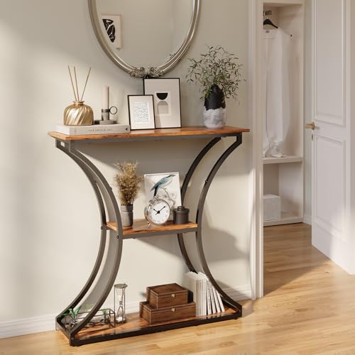 Industrial Console Table with Storage Shelves for Entryway and Living Room - Rustic Brown, 29.5" Height