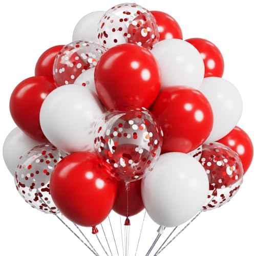Metallic Red and White Balloons 12Inch 73PCS White Red Confetti Latex Balloons Shiny Helium Balloon Set for Birthday Anniversary Graduation Party Decorations