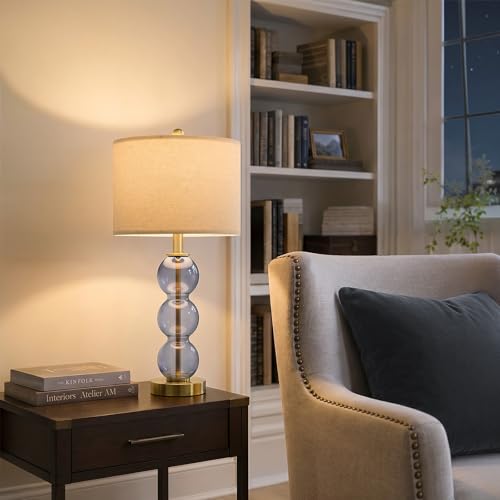 Blue Glass Modern Table Lamp Set of 2 with USB Charging Ports - 25 Inch Bedside Lamps for Living Room & Bedroom