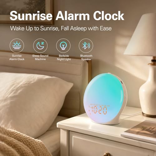 White Full Screen Sunrise Alarm Clock with Wake-Up Light, FM Radio & Bluetooth Speaker