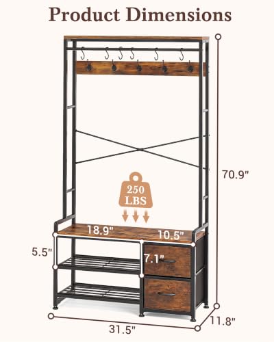 Faesun Rustic Hall Tree with Bench & Shoe Storage - 5-in-1 Entryway Organizer