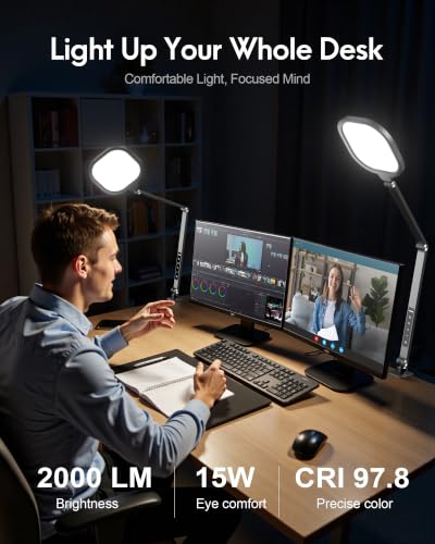 LED Desk Lamp with Clamp - 2000 Lumens, 30 Lighting Modes, Metal Arm, Black