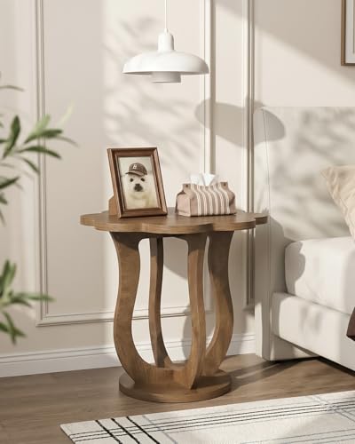 LITTLE TREE Rustic Brown Flower-Shaped Side Table - Modern Farmhouse Nightstand with Artistic S-Shaped Legs