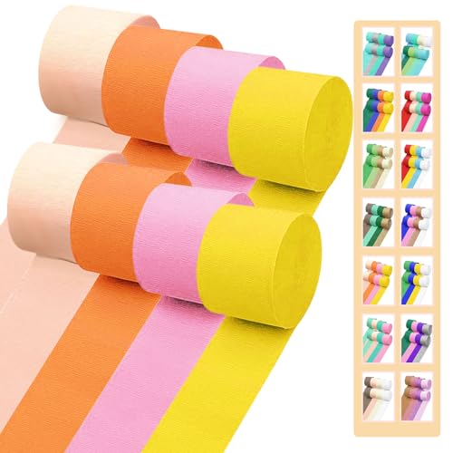 Crepe Paper Streamers 656ft 8 Rolls, Pack of Orange, Pink, Yellow and Blush Party Streamers for Birthday Wedding Baby Bridal Shower Decorations Christmas Craft Supplies (1.8 Inch x 82 Ft/Roll)