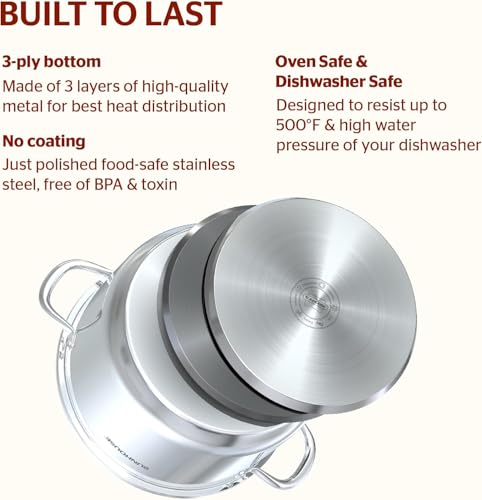 7 Qt Stainless Steel Stock Pot with Lid - Multi-Ply Base for Cooking Pasta Soup