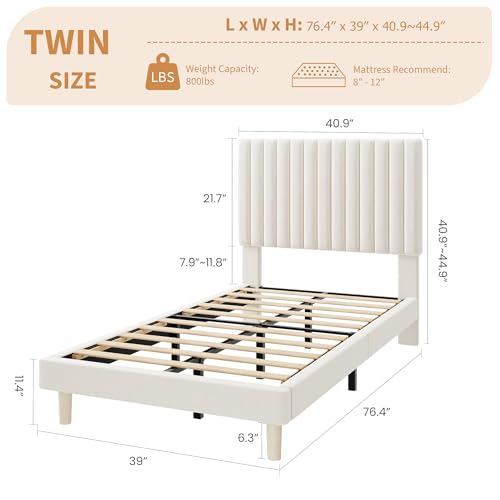 Beige Twin Bed Frame with Adjustable Velvet Headboard - Modern Platform Bed