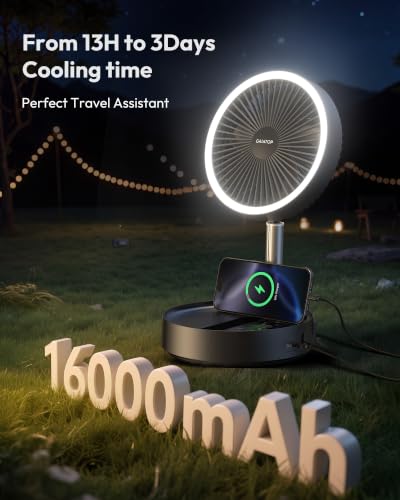 Gaiatop Portable Pedestal Fan with 16000mAh Battery, LED Light & Remote - Black
