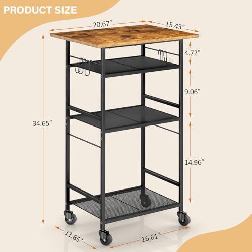 Brown 4-Tier Kitchen Microwave Cart on Wheels with Storage and Hooks