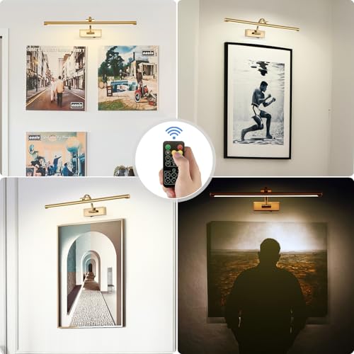 Brass Rechargeable Battery Operated Picture Light with Remote - 23.6 Inch Dimmable Art Wall Sconce