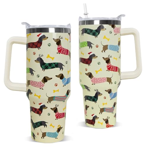 Dachshund 40 oz Tumbler with Handle & Straw - Red Dachshund Christmas Travel Mug