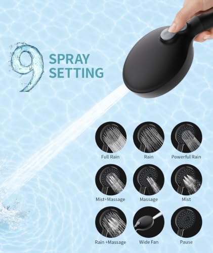 Filtered Shower Head with Handheld & 9 Spray Modes - Black + 1 Filter - 2.5 GPM