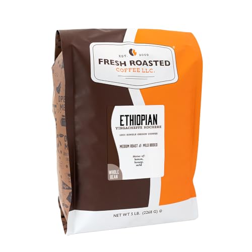 Ethiopian Yirgacheffe Kochere Whole Bean Coffee - Medium Roast, 80 oz, Kosher, Single-Origin
