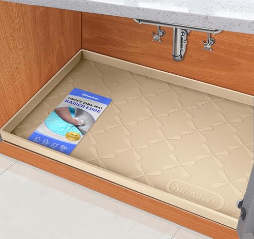 SIKADEER Waterproof Under Sink Mat Beige 34" x 22" Silicone Kitchen Liner
