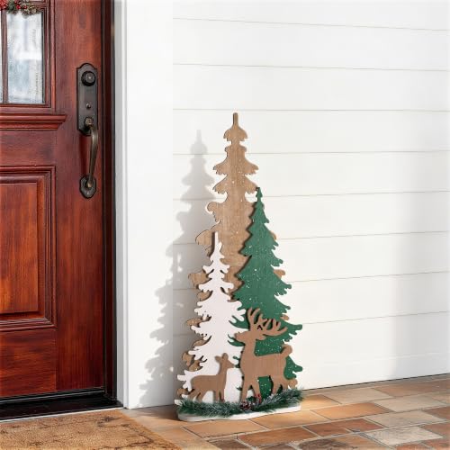 Woodland Trees Christmas Porch Sign with Reindeer & Pinecones - Holiday Front Door Decor - Variations Available