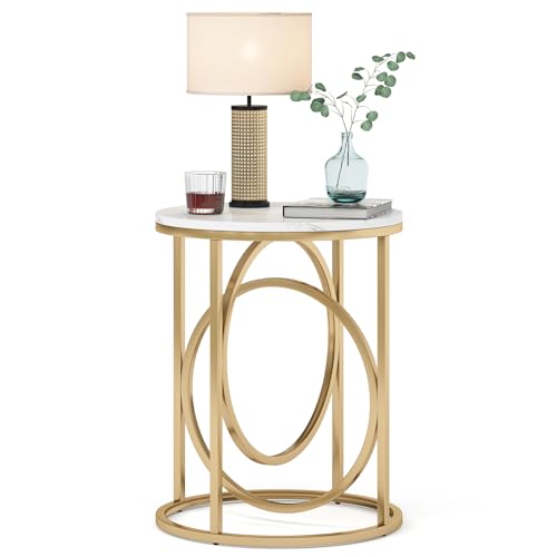 20-Inch Round End Table with Gold O-Shaped Base and Faux Marble Top - Modern Living Room Accent