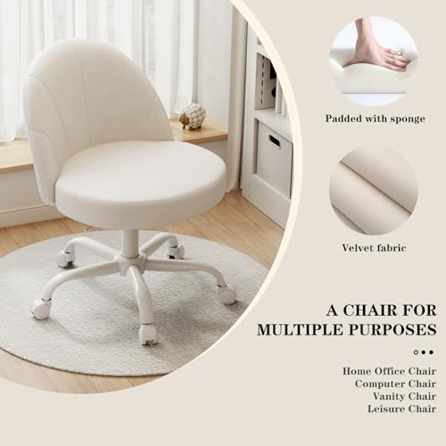 Velvet Vanity Chair - White Swivel Desk Chair with Height Adjustment & Space-Saving Design