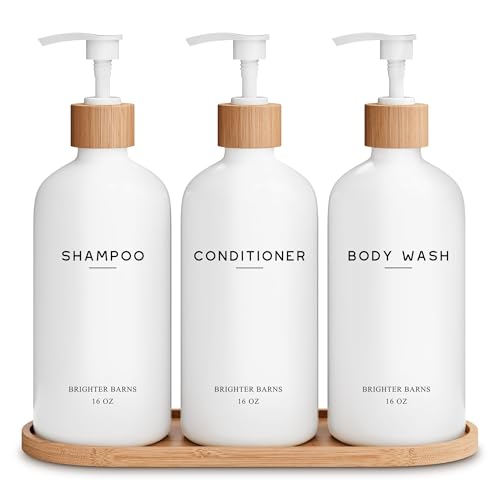 White Shampoo and Conditioner Dispenser Set with Pump & Tray - Bathroom Decor