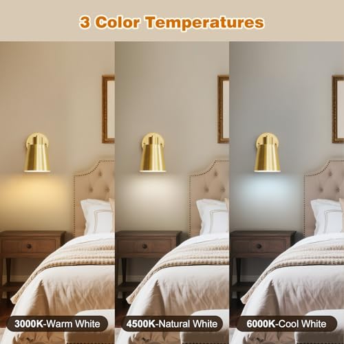 Gold Battery Operated Wall Sconces Set of Two with Remote Dimmable 3-Color Temp