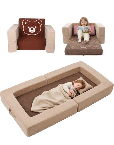 Medium Toddler Travel Sofa Bed with Bear Pattern - 3-in-1 Convertible Kids Couch & Floor Bed