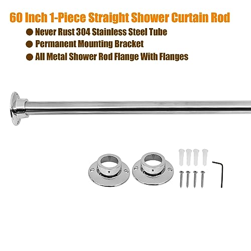 Heavy Duty Chrome Plated Shower Curtain Rod - 60 Inch Stainless Steel, Wall Mount, Permanent Install
