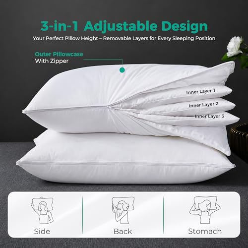White Adjustable Queen Size Goose Feather Pillow Pack of 2 - Three Geese