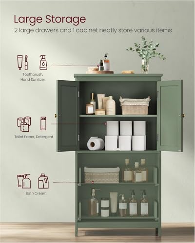 VASAGLE Bathroom Floor Cabinet with 4 Doors - Forest Green, Adjustable Shelves, Safe & Durable