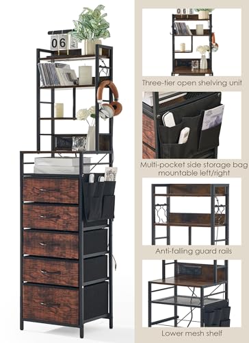 Baoz 57-Inch Brown Nightstand with Charging Station & 5 Drawers - Dorm Bedside Organizer, Adjustable Storage