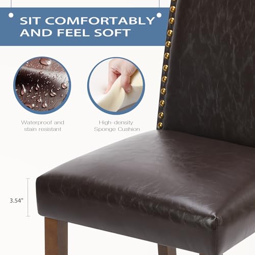 Dining Chairs Set of 2 - Brown PU Leather Kitchen Chairs - DUMOS
