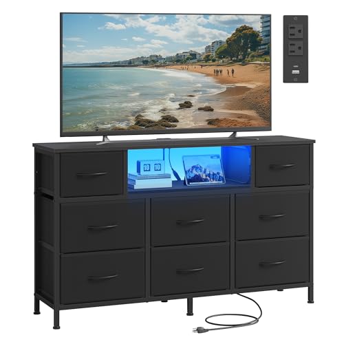 INK Black Dresser with Outlets & LED Lights - 8 Fabric Drawers, 44.8 W x 26.8 H