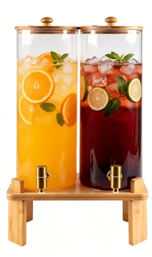 2-Gallon Beverage Dispenser Set with Bamboo Stand, Large Glass Drink Containers for Parties
