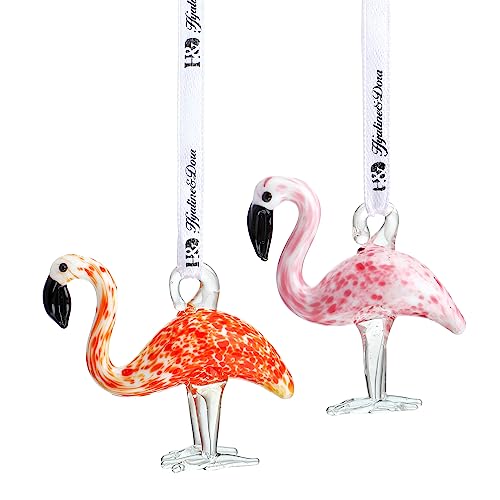 Set of 2 Flamingos Glass Hanging Ornaments Hand Blown Pink Flamingo,Art Glass Birds Animals Figurines Home Garden Flamingo Hanging Decorative(2.5inch,Pink & Red) for Gifts