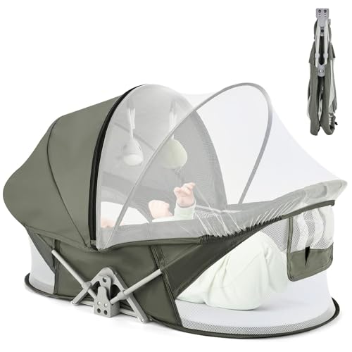 Light Green Portable Baby Bassinet with Mosquito Net & Sunshade - Travel Crib for Home & Outdoors