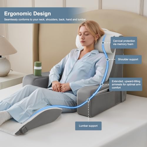 Light Gray Reading Pillow for Bed with Adjustable Armrests & Side Pockets - 5PCS Set