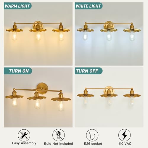3-Light Vintage Vanity Light Fixture - Gold Bathroom Mirror Lighting