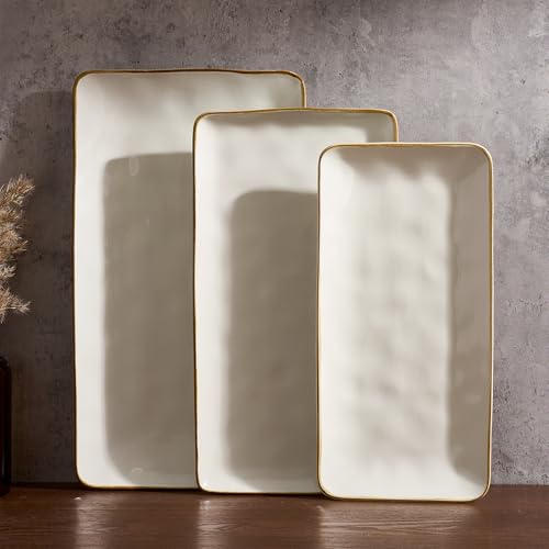 Famiware Vanilla White 3-Piece Serving Platters Set - Rectangular, Large to Small