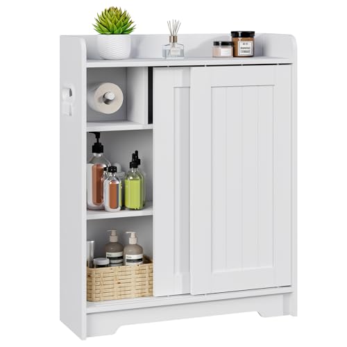 Slim Bathroom Floor Cabinet with Sliding Door - White Storage Organizer
