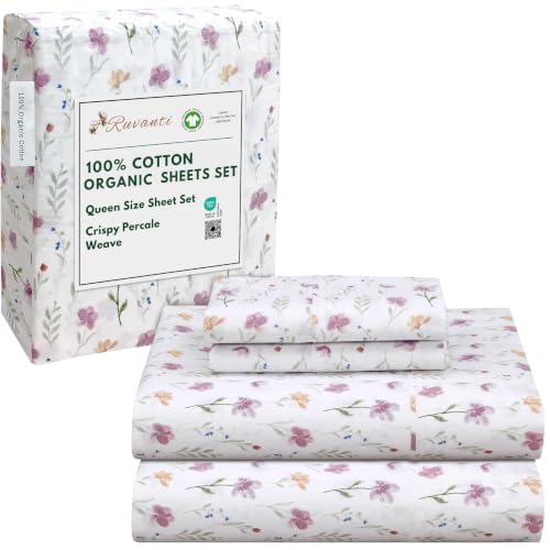 RUVANTI Organic Cotton Queen Bed Sheet Set Obsessed Stems Percale Weave - Breathable & Cooling