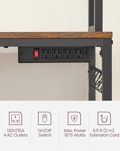 VASAGLE Rustic Brown 23.6W Bakers Rack with Power Outlet, Adjustable Shelf