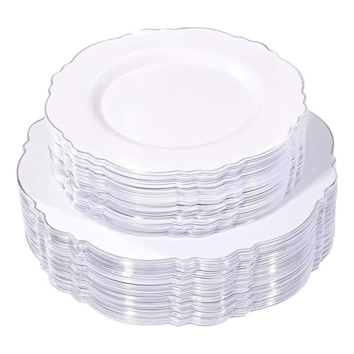 WDF 100pcs Silver Plastic Plates Set - Baroque Design for Weddings & Parties