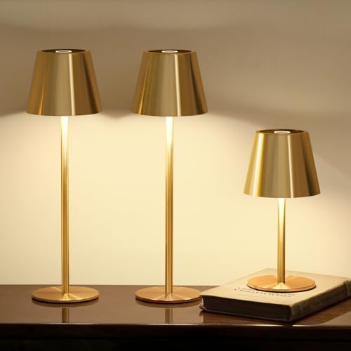 Brushed Gold 3 Pack Cordless Table Lamps with Touch Control & Dimming