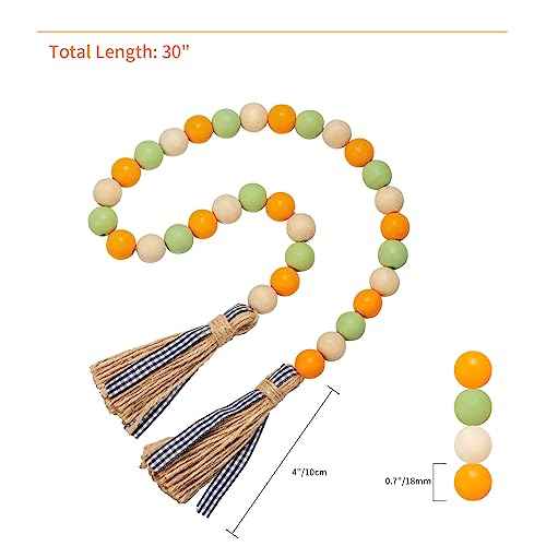 Fall Wood Bead Garland Tassels Thanksgiving Farmhouse Tiered Tray Holiday Decorations Rustic Wooden Bead Jute Rope Plaid Autumn Retro Country Home Decor for Nursery Room Vase (Green & Orange & Beige)
