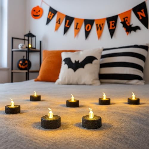 12PCS Black Tea Lights with Timer,Glitter Sparkly Tealights Candles Battery Operated for Holiday,Event,Halloween Decorations