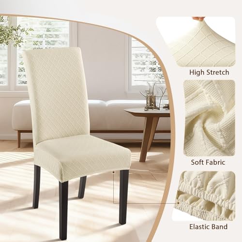 SearchI Beige Rhombus Set of 6 Dining Chair Covers - Stretch Jacquard Parson Slipcovers