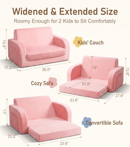 Kids Convertible Sofa Bed - Pink, 3-in-1 Flip Open Child Couch for Play & Rest - Large