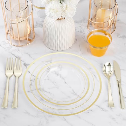 Clear Gold Plastic Dinnerware Set for 100 Guests - Disposable Plates, Cutlery & Spoons