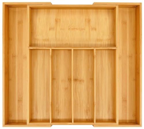 VaeFae Bamboo Drawer Organizer Large Natural - Expandable Silverware & Utensil Storage