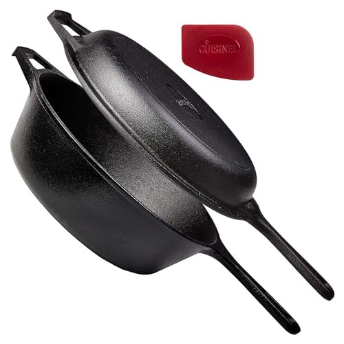 Cast Iron Skillet with Lid - 3 Qt Deep Frying Pan & Multi-Use Cooker - 10 Inch, Pre-Seasoned, Versatile Cookware