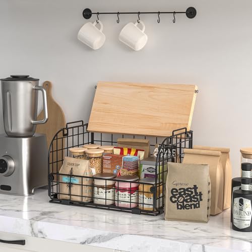 Stackable Wire Basket with Openable Bamboo Top for Kitchen Pantry Storage