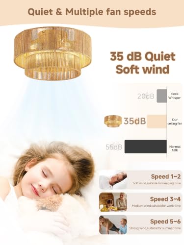 Ahtytjh Gold Boho Caged Ceiling Fan with Light Flush Mount & Handwoven Rattan